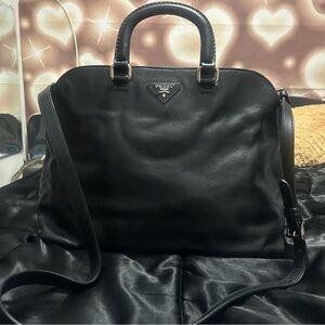Authentic 2013 Vintage Prada Nero Soft Calf Leather Shopping Tote With Crossbody